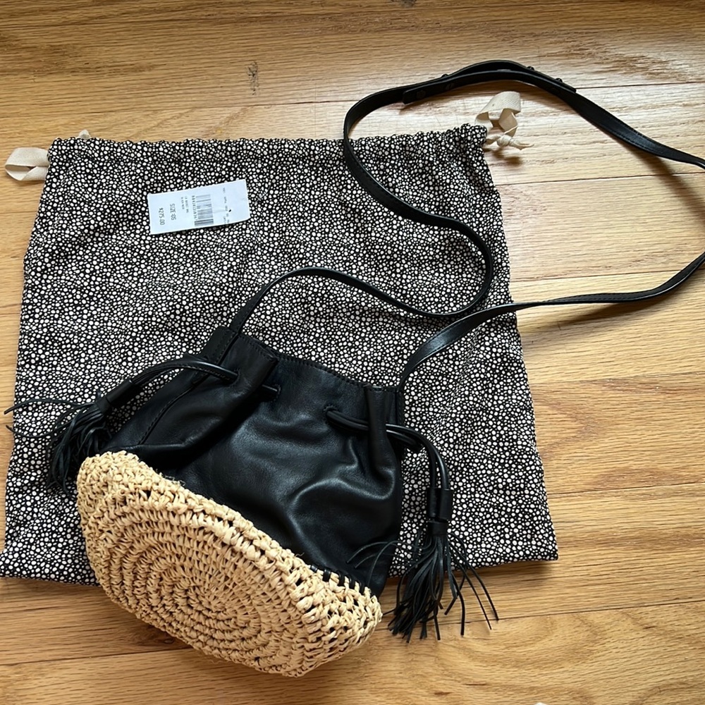 Loeffler Randall black leather and straw drawstring crossbody